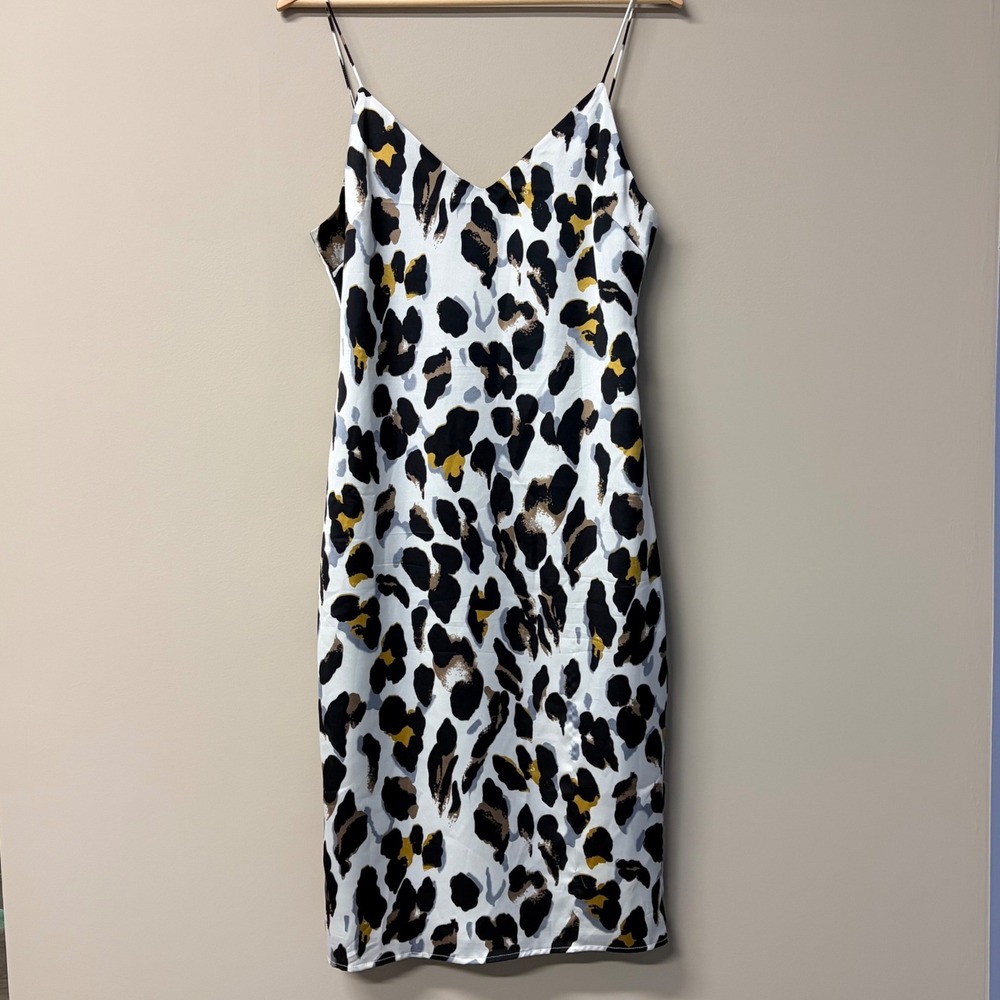 Leopard Print Satin Midi Slip Dress Medium White Black Mustard Yellow Women